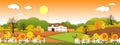 Paper art panorama Autumn landscape of grass fileds with farm house, tree on orang sky background, illustration cartoon of