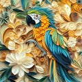 Vibrant Quilling Art Colorful Parrot Amidst Paper Flowers and Leaves Royalty Free Stock Photo