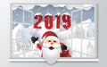 Paper art of Santa Claus greeting at the window with background of snow mountain Royalty Free Stock Photo