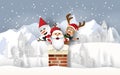 Paper art of Santa Claus, Snowman and Reindeer at the chimney in village with snow mountain background Royalty Free Stock Photo
