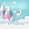 Paper art of space shuttle launch to the sky. Blue sky, high mountains, fluffy clouds. Rocket launch. Start up business concept Royalty Free Stock Photo