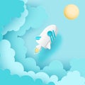 Paper art of space shuttle launch to the sky. Blue sky, sun, flu Royalty Free Stock Photo