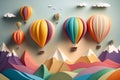 Paper art style air balloons flying in the sky, travel destination, beautiful colorful inspirational landscape