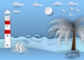 Paper art style, background with man and woman Cycling on the beach and have a dolphins, vector illustration