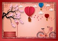 Paper art style of balloons shape of heart flying with bicycle and cherry blossom on pink background, vector illustration, valenti Royalty Free Stock Photo