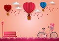 Paper art style of balloons shape of heart flying with bicycle and pink background, vector illustration, valentine`s day concept Royalty Free Stock Photo