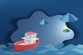 Paper art style of Boat is sailing in the sea under the moon light, 3D rendering design. Royalty Free Stock Photo