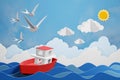 Paper art style of Boat is sailing in the sea under the sunlight, 3D rendering design.