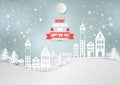 Paper art style, City for Christmas Season with Snowflake and tree. vector illustration Royalty Free Stock Photo