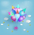 Paper art style of colorful balloon and wearing a hat with pink Royalty Free Stock Photo