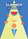 Paper art style. Design poster Summer Fruit Party with ice cream cone and fruit watermelon, strawberry, orange, pineapple.