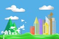 Paper art style flat design color city town house landscape countryside on Green lawn with airplane and sun in blue sky big cloud Royalty Free Stock Photo