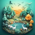 Paper art style forest tree Wildlife tiger Deer Bird Island Floating. Generative Ai