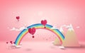 Paper art style Heart shape balloons flying with cloud over mout