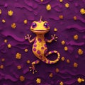 paper art style illustration of a smiling gecko cut out with purple and yellow color paper on colored background Royalty Free Stock Photo