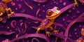 paper art style illustration of a smiling gecko cut out with purple and yellow color paper on colored background Royalty Free Stock Photo