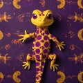 paper art style illustration of a smiling gecko cut out with purple and yellow color paper on colored background Royalty Free Stock Photo