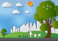 Paper art style of Landscape with girl and dogs in city parks to save the world and ecology idea, Abstract vector background Royalty Free Stock Photo