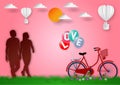 Paper art style of with man and woman in love, Balloons with text love and bicycle on pink background, vector illustration, valent Royalty Free Stock Photo