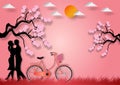 Paper art style of man and woman in love with bicycle and cherry blossom on pink background. vector illustration