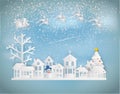Paper art style of Merry Christmas and Happy New Year. Santa Claus on the sky coming to City. with winter landscape and stars is Royalty Free Stock Photo
