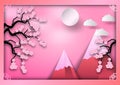 Paper art style of mountains with branch of cherry blossoms, clouds and sun on pink background, oriental vintage pattern frame for