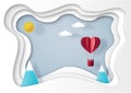 Paper art style of red hot air balloon flying on gray sky. Valentine`s concept. Royalty Free Stock Photo