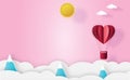 Paper art style of red hot air balloon flying on pink sky. Valentine`s concept. Royalty Free Stock Photo