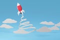 Paper art style of Rocket launch in the sky on a blue background with copy space, 3D rendering and minimal concept design. Royalty Free Stock Photo