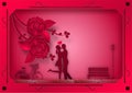Paper art style of rose flowers and vines on pink background In the frame with man and woman in love. vector illustration Royalty Free Stock Photo