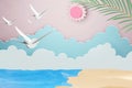 Paper art style of Sea with beach and cloud background under the sunlight, 3D rendering design.