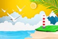 Paper art style of Sea with beach and Lighthouse under the sunlight, 3D rendering design.