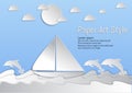 Paper Art Style. Sea and waves with sailboat and Dolphin. vector illustration Royalty Free Stock Photo