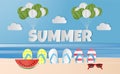 Paper art style of summer text, balloon, colorful sandals, watermelon and Sunglasses on beach Royalty Free Stock Photo