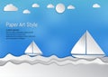 Paper art style, waves with sailboat and clouds, vector illustration Royalty Free Stock Photo