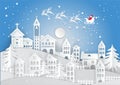 Paper art style, winter holiday with home and Santa Claus background. Christmas season. vector illustration Royalty Free Stock Photo