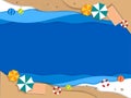 Paper art Top view of cartoon abstract waves on ocean blue, sand beach with umbrellas, swim ring, beach ball, chair,Vector Royalty Free Stock Photo