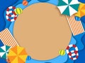 Paper art Top view of cartoon abstract waves on ocean blue, sand beach with umbrellas, swim ring, beach ball, chair,Vector Royalty Free Stock Photo
