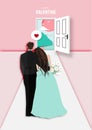 Paper art of valentine day festival with married couple looking to sunset outside vector