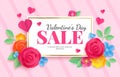 Paper art valentines sale. Love celebration voucher banner with flovers and heart shape. Discount market vector