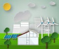 Paper art vector illustration of a renewable green energy sources concept on a dirty city background.