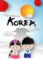 Paper art of Welcome Korea traditional boy and girl in korean c