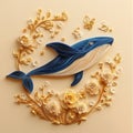 Whale Paper Quilling Art Decor - Blue Whale Surrounded by Flowers and Butterflies Royalty Free Stock Photo