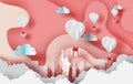 Paper art of white balloons gift floating on Abstract Curve shape pink sky background,valentine season concept. City landscape for