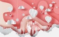 Paper art of white balloons gift floating on Abstract Curve shape pink sky background,winter seasontime concept. City landscape