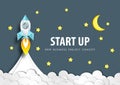 Paper Art of Rocket launch and half moon, cloud and star in night time, start up business concept vector