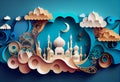 Paper art white mosque in clouds on a blue background Royalty Free Stock Photo