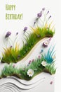 Paper art with wild grass and flowers, AI generative. Springtime greeting card for birthday, anniversary, invitation, celebration