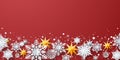Winter decoration with snowflakes, stars on red background, Merry Christmas and Happy New Year Royalty Free Stock Photo