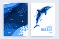 Paper art world ocean day banner set with dolphin silhouette. Underwater world page layout. Paper cut sea background Royalty Free Stock Photo